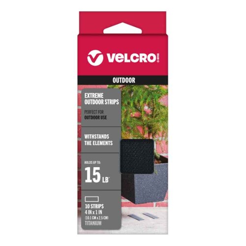 VELCRO Brand Extreme Outdoor Strips, Heavy-Duty, Weather & UV-Resistant Mounting Tape, Adheres to Rough Surfaces like Brick & Concrete, Holds up to 15 lbs, 4 in x 1 in, 10-Strips (Black) HM0754