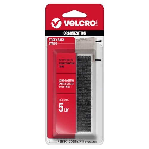 VELCRO Brand Organisation Sticky Back Strips 3 1/2in x 3/4in Strong Adhesive Nylon Fasteners for Home Office Classroom Storage and Organizing (4 Strips)- HM0772