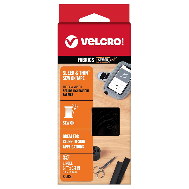 VELCRO Brand Sleek and Thin Sew On Fabric Tape 6ft x 3/4in 1 Roll Black Ultra Light Soft on Skin with Sewing Lane Technology for Delicate Fabrics Clothing Costumes Crafts and Permanent Applications- HM0770