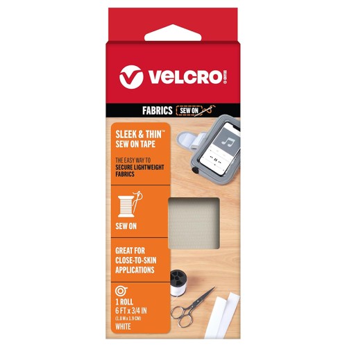 VELCRO Brand Sleek and Thin Fabric Tape White 6ft x 3/4in 1 Roll | Ultra Light Soft on Skin Sew On Fastener with Sewing Lane Technology | Ideal for Delicate Fabrics Clothing Costumes Crafting- HM0771