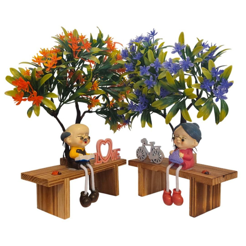 BKR Elderly Couple Showpiece Combo – Grandmother Knitting & Grandfather Reading on Wooden Bench with Blooming Trees – Sentimental Gift for Valentine’s Day, Anniversaries & Special Occasions-HM0418-2