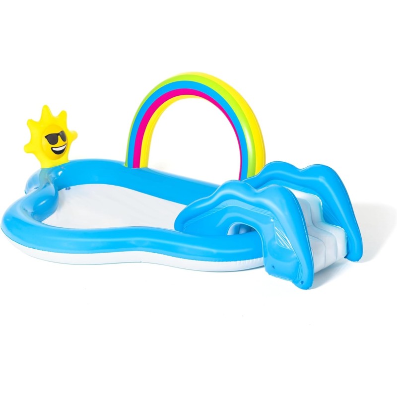 Bestway 53092 Rainbow N Shine Inflatable Kids Pool and Play Center with Slide and Water Sprayer – 8.5 ft. Long, 170L Capacity, Durable PVC- HM0600