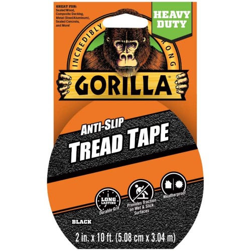 Gorilla Anti-Slip Tread Tape, 2" x 10' Roll, Black, (Pack of 1)