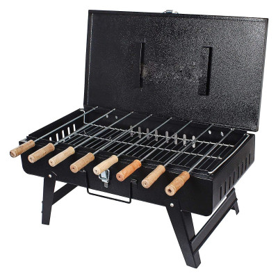 BKR® Iron Suitcase Charcoal Barbeque (BBQ) Grill with 8pcs Skewers Set for Home, Garden or Outdoor Places (Stellar Black) | High Temperature Sand Blasting Metal Finish HM0601