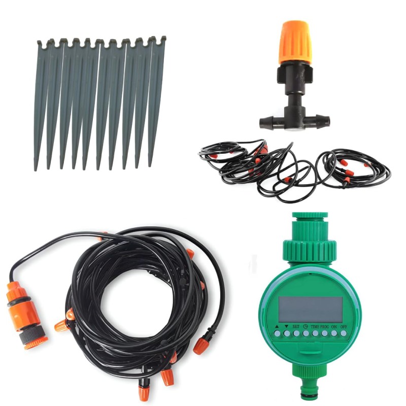 BKR® Complete Patio Mist Sprinkler Pipe Set 10 Pieces with Electronic Garden Watering Timer LCD Display Automatic Irrigation Controller for Lawn Garden Greenhouse Cooling and Drip Irrigation- LG0681
