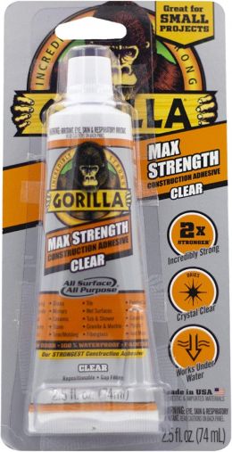 Gorilla Max Strength Clear Construction Adhesive, 2.5 OZ, Clear, (Pack of 1)