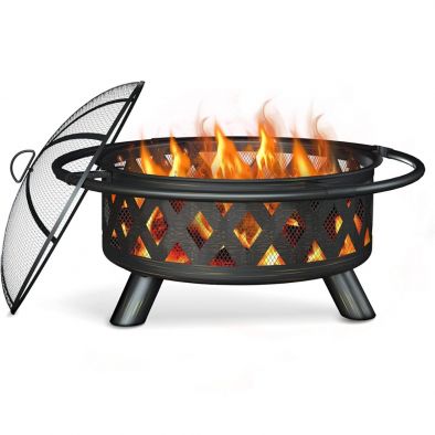 BKR® Round Metal Firepit for Outdoor Ambiance, Rust free and Durable | 95 x 95 x70 cm Size, 24Kgs | High Temperature - Sand Blasted Metal with 5 years Warranty | LG0938