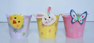 Metal Pot (Pack of 3) – Decorative Bucket with Rabbit, Butterfly & Bird Design